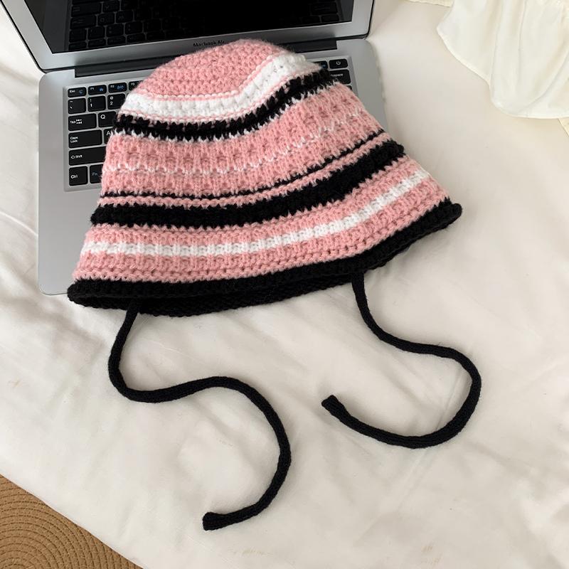 

Maillard style hat handmade contrasting color striped wool bucket hat women s autumn and winter face small ear protectors knitted basin hat tide adult (56-58cm)