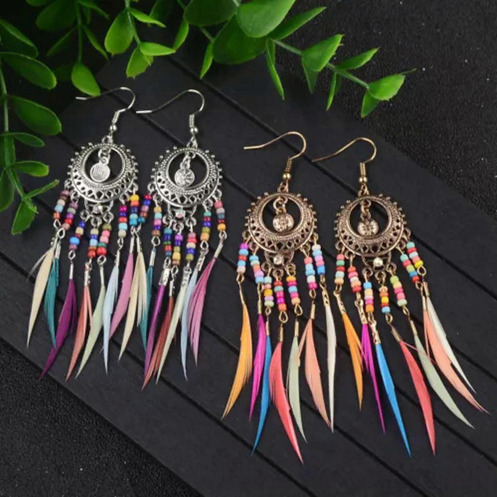 RSAMD Bohemian Boho Flower Carved Round&Colorful Feather Tassel Women Hook Earrings-14#