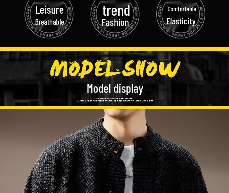 Men's High-End French Retro Cardigan Sweater: Winter Thick Knit Stand Collar Jacket