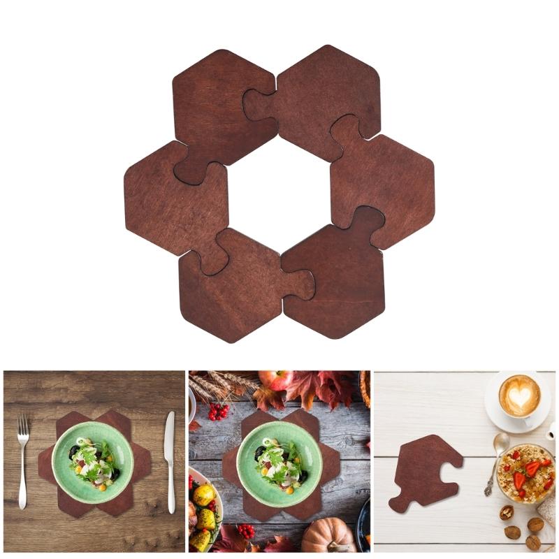 Set Of 6 Hexagonal Wood Cup Mats for Drink Heat Resistant Placemat Funny Jigsaws Coffee Coasters for Home Office