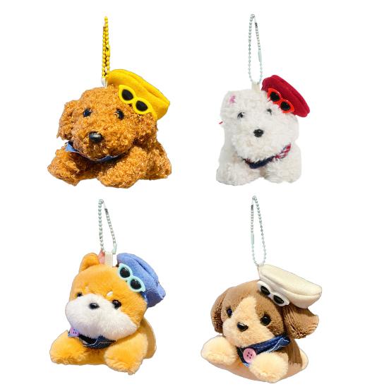 Dockhänge Flera Hundraser Mjuk Textur Plysch Nyckelring med Hatt Solglasögon Denim Bärbar Hängande