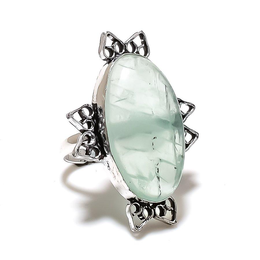 Prehnite Gemstone Handmade 925 Sterling Silver Jewelry Ring Size Adjustable SU-10568