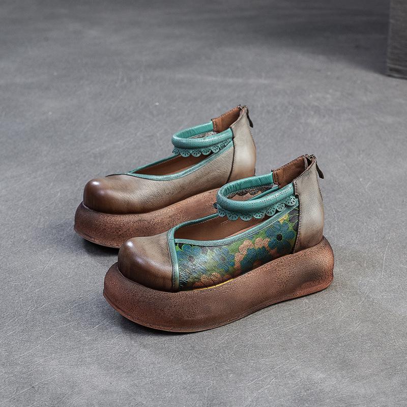 

Johnature Толстая подошва увеличивающая рост обувь из натуральной кожи с принтом ретро женские туфли на плоской платформе 39 серый