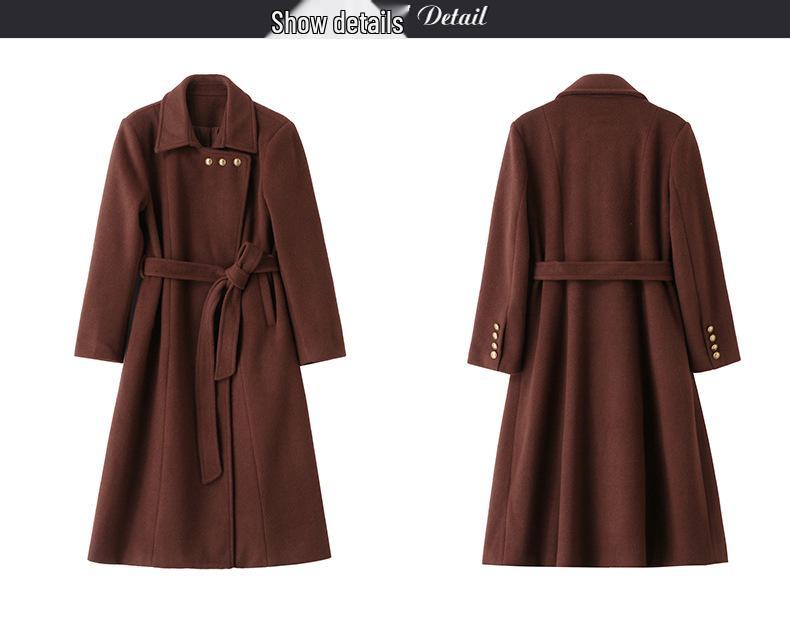 Women's Extra Long Wool Coat with Tie - Autumn/Winter Korean Fashion, Lapel Design (HR1018)