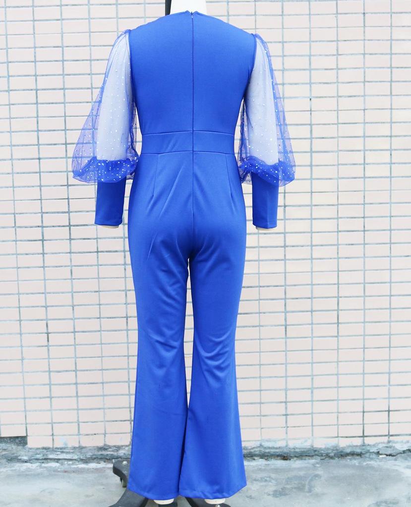 2022 Fall/Winter Women's European & American Style Mesh Spliced Long-Sleeve Slim Wide-Leg Jumpsuit