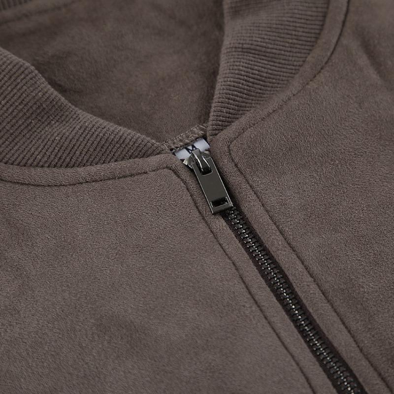Giacca Bomber da Pilota da Donna Grigia Vintage con Collo Alto, Manica Lunga, Zip, in Pelle Scamosciata