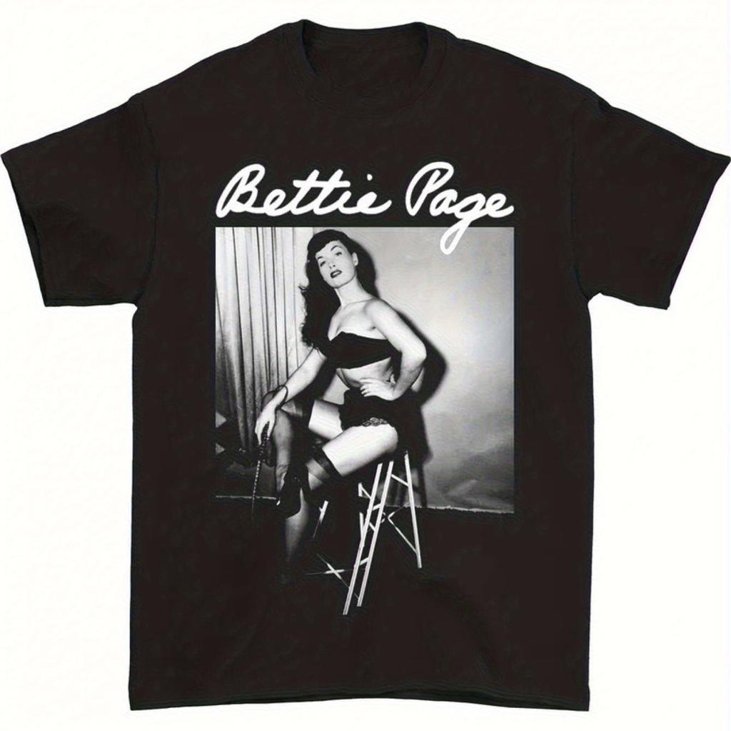 Womens Retro Betty Page Pattern Tshirt Black and White Retro Beauty Art Printed Soft Round Neck Casual Top Womens Tshirt