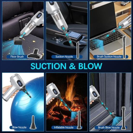 Car Vacuum Cleaner Three-in-One Blower Suction and Inflator with Adjustable Suction Levels Portable Wireless Vacuum with Green Light for Home Car
