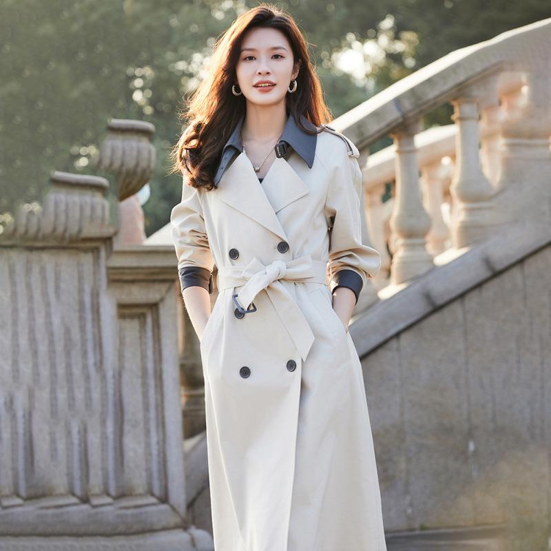 Women's Mid-Length Trench Coat - 2024 Spring/Autumn, Color Block, Fashionable British Style