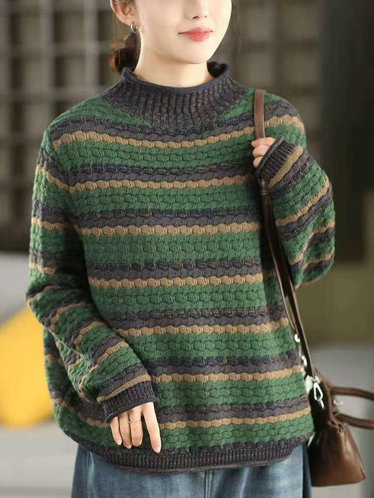 Johnature Women Vintage Pullover Sweaters Half Hight Collar Striped Knitted Spring Long Sleeve Sweaters