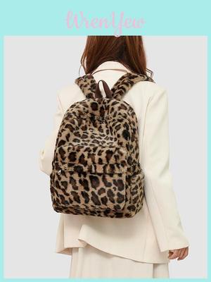 Mochila de Peluche Minimalista Urbana Para Mujer Con Tela Y Estampado de Leopardo Para Viajes Casuales