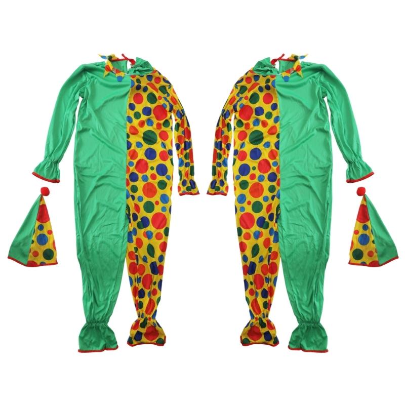 2Pieces Adult Clown Costume with Clown Hat and Clown Jumpsuits for Cosplay Halloween Party Stage Performances