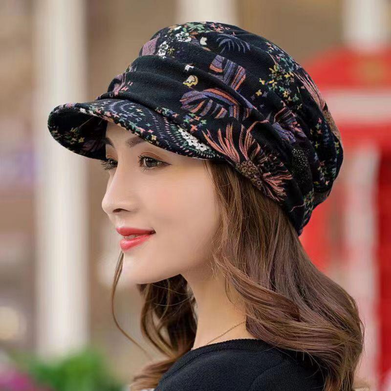 Women Autumn Winter Hat Print Cap Warm Beanie Bonnet Hat Ethnic Style Hat LM