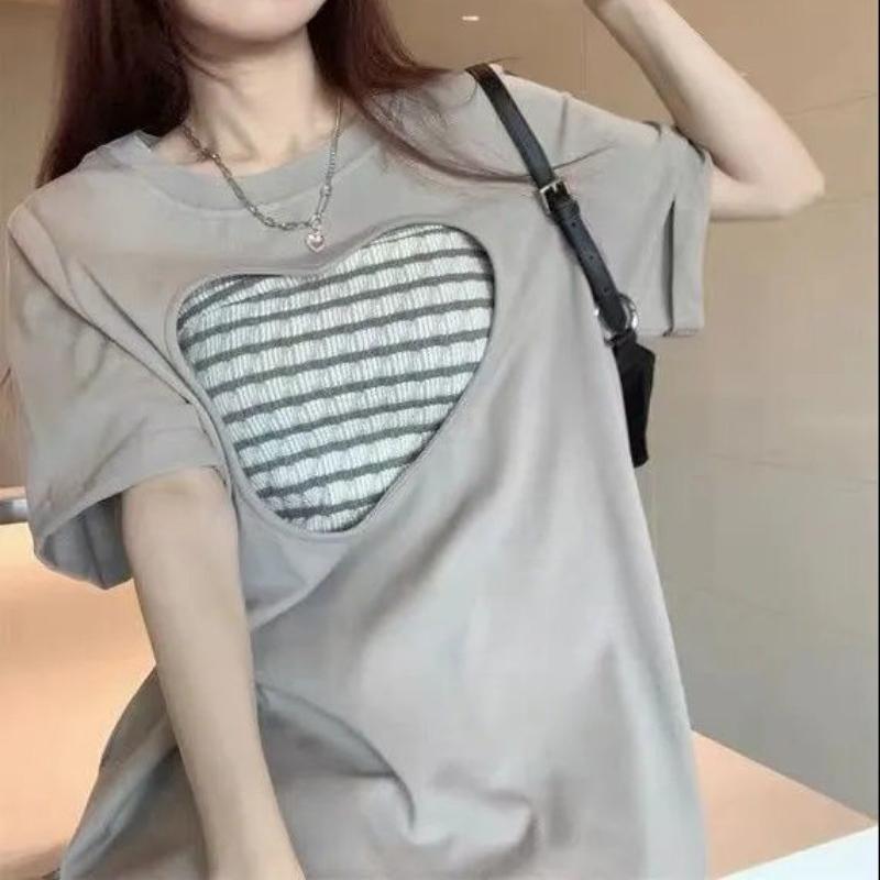 

Уникальная женская футболка с вырезами Love, летний дизайн, свободный свободный топ с короткими рукавами и передним плечом, милый крутой пикантный топ для девочек, шикарный тренд onesize