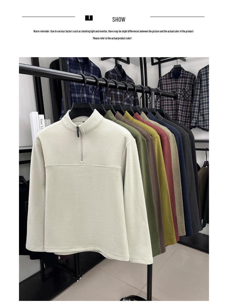 Men's Double-Sided German Fleece Half-Zip Hoodie - Stand Collar, Warm Base Layer for Autumn/Winter, Simple Casual Fashion.