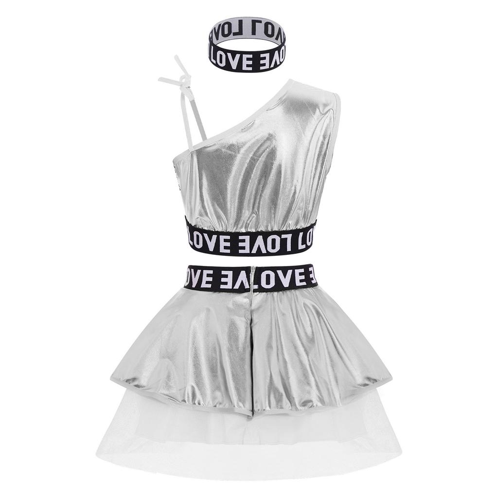 Girls 3 Piece Hip Hop Jazz Dance Costume One Shoulder Sleeveless Sequin Vest Metallic Tutu Skirt Letter Printed Hairband Set