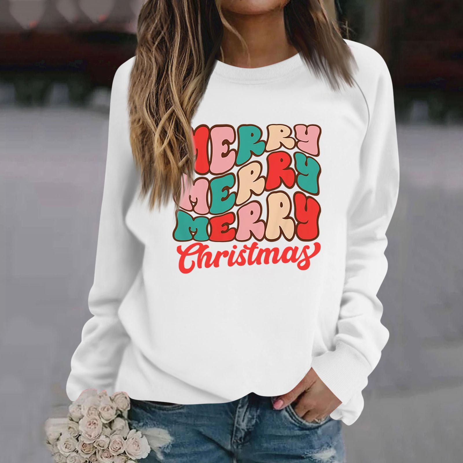 

Женские футболки, свободные, модные и повседневные толстовки с круглым вырезом и длинными рукавами с рождественским принтом XL белый