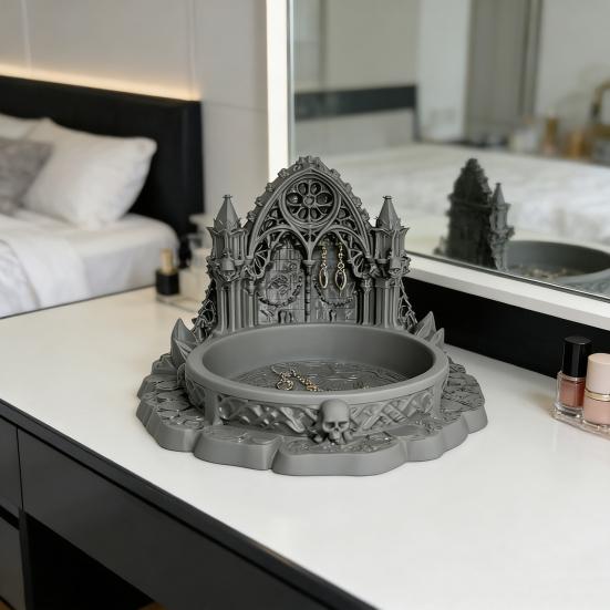 Gotische Kasteel Sieradenbakje Donkere Middeleeuwse Stijl PLA Decoratiebakje met Gedetailleerd Beeldhouwwerk & Boogontwerp Multifunctionele Organizer voor Ringen
