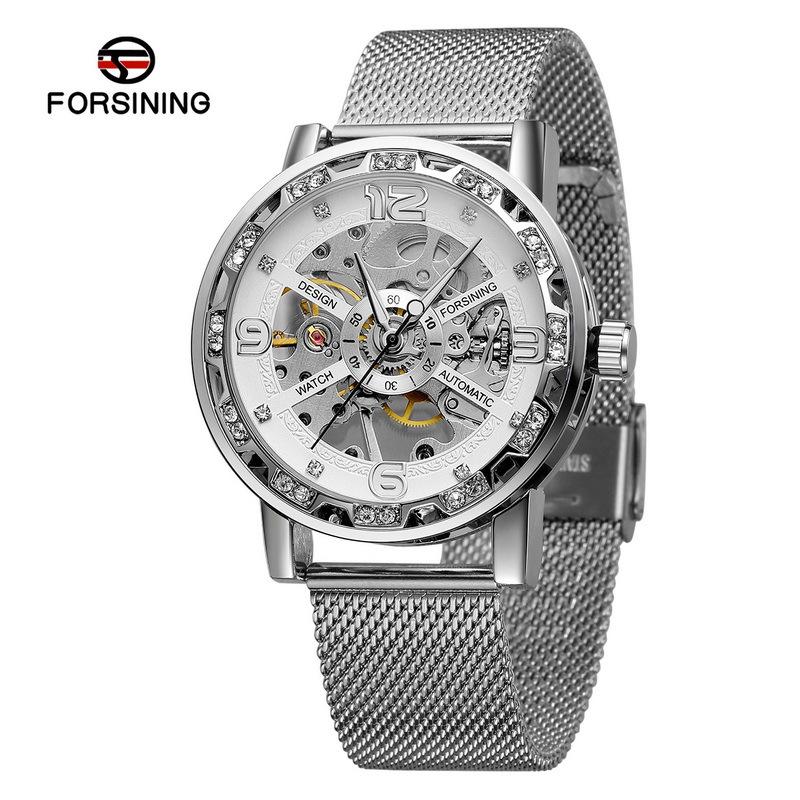 

Гарячі чоловічі годинники Відомий провідний бренд Forsining 2025 Розкішні модні годинники-скелетони Чоловіки Жінки Нержавіюча сталь Золоті Механічні годинники срібний/білий