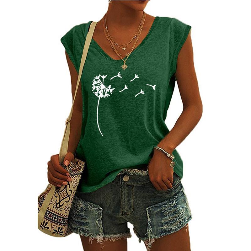 2023 Trendy Women's V-neck Print Cap Sleeve Loose T-shirt Top