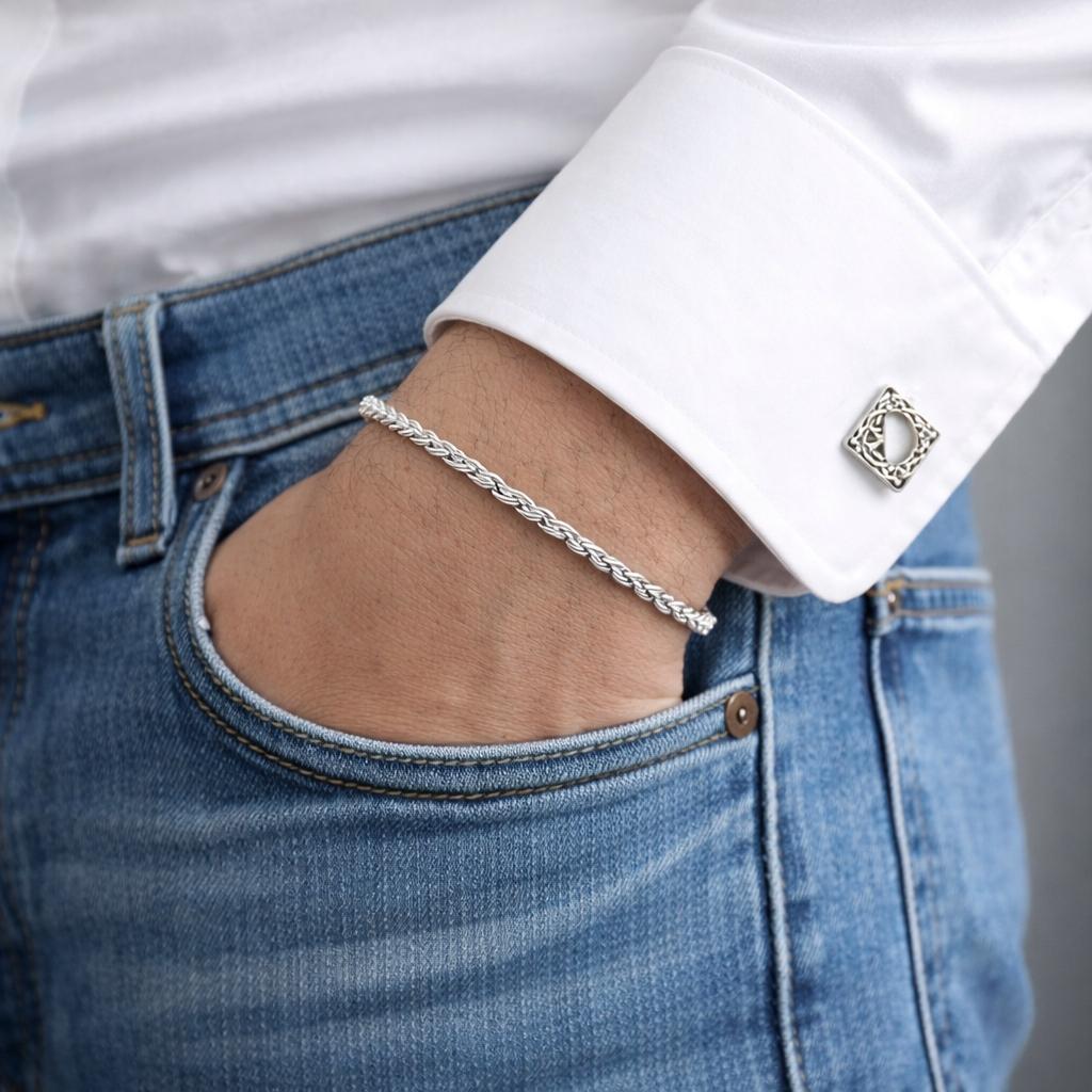 Men's Silver Bracelet 18 Cm Braided Twist Thin 3 Mm Titanium Steel