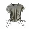 Pure Color Sexy Drawstring Women's Short-sleeved Round Neck Short Slim-fit Hem T-shirt Bottoming Shirt