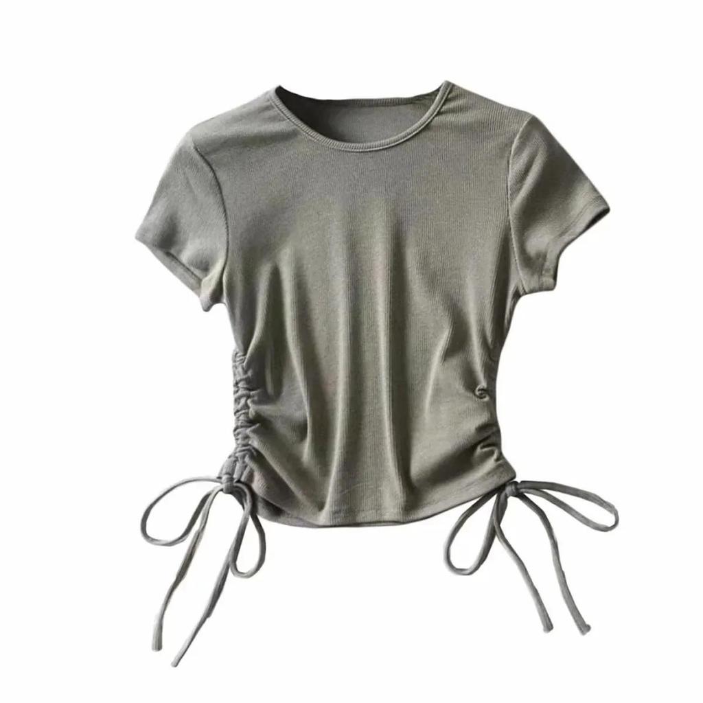 Pure Color Sexy Drawstring Women's Short-sleeved Round Neck Short Slim-fit Hem T-shirt Bottoming Shirt
