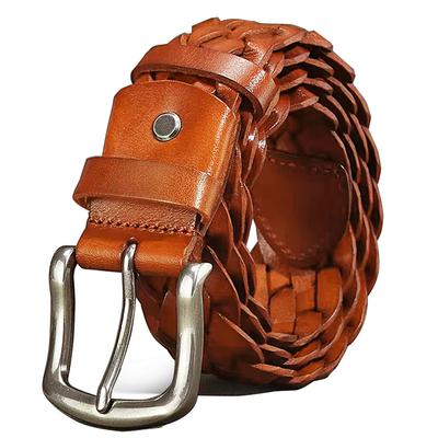 Mesh Cowhide Genuine Business Day Gift Belt, Hand-woven Leather, 38mm, Leather, Casual, Father's (Camel)