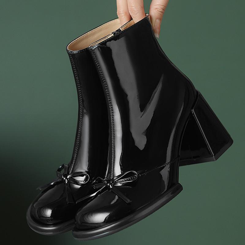 Bow Chunky Women Ankle Boots High Heels Leather Designer Shoes 2025 Trend Winter New Brand Goth Pumps Fashion Botas De Mujer