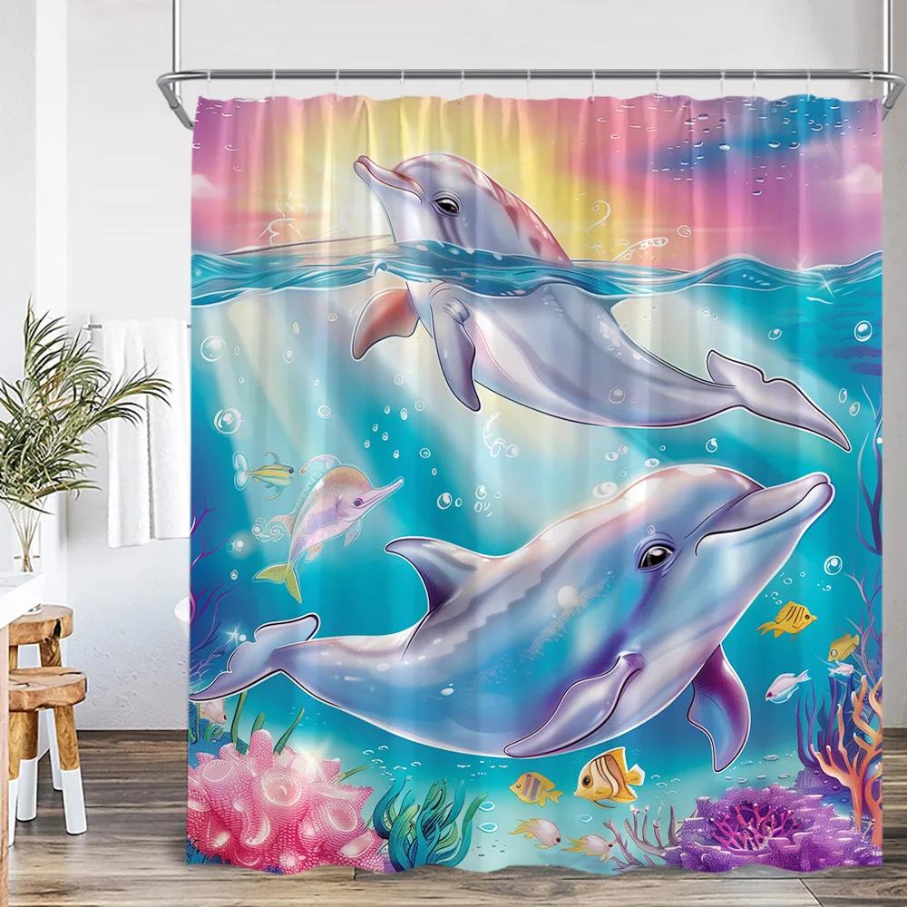 Sea Animals Shower Curtain 3D Dolphin Turtle Octopus Jellyfish Undersea World Bathroom Decoration Kids Polyester Bathtub Curtain