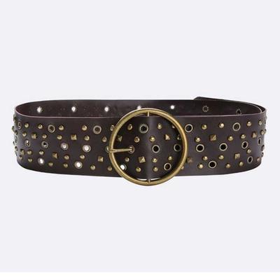 Meier Belt, Heavy Metal Bronze Buckle, Trendy Rivets, Cut Out, Multi-hole, Waist Tightening