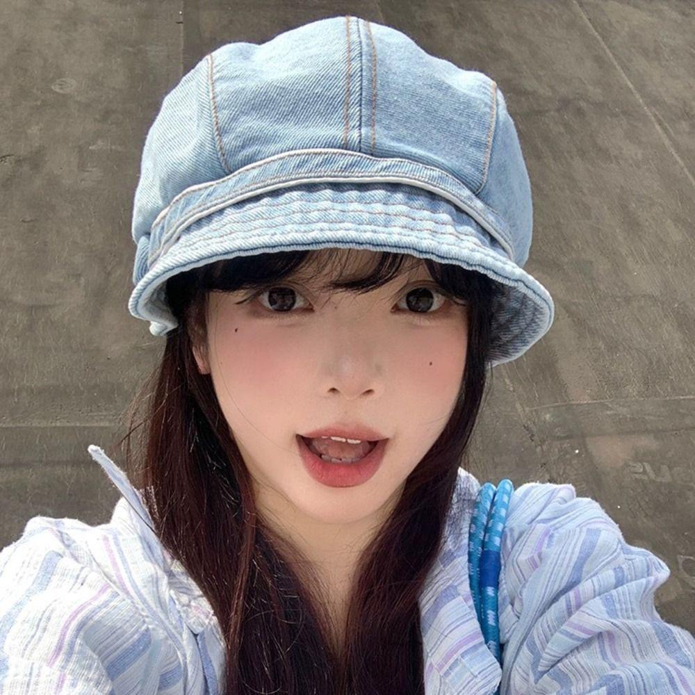 Japanese Short Brim Denim Cap All-Match Leisure Visor Hat Fashion Denim Bucket Cap  Male and Female