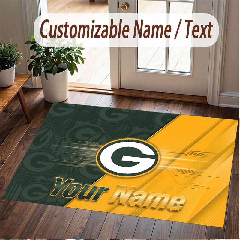 Custom Rug Green Bay Packers Pattern Print Name Text Soft Non‑Slip Floor Carpet for Home Indoor Decoration