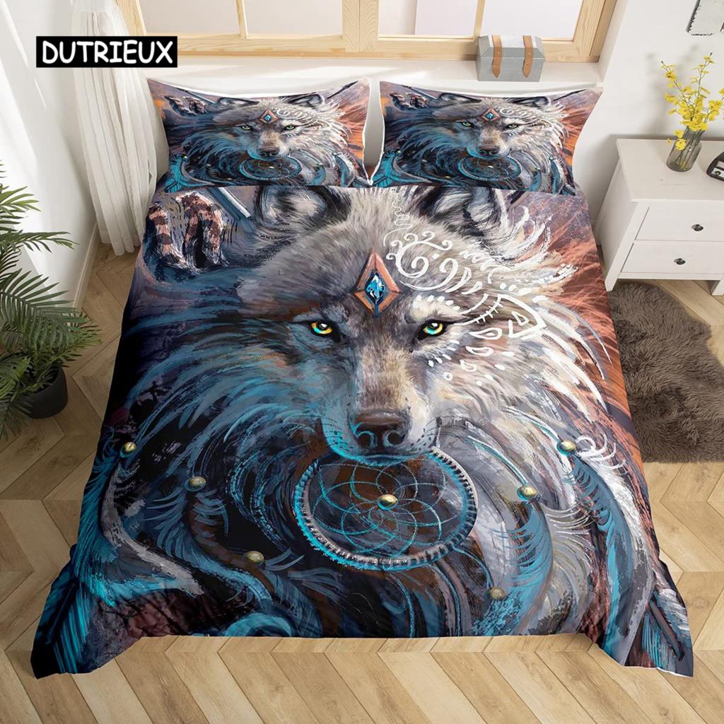 Set Copripiumino Matrimoniale per Bambini Adolescenti Microfibra Tema Animale Motivo Lupo delle Nevi Copripiumino Set Letto Stampato Animali Selvatici