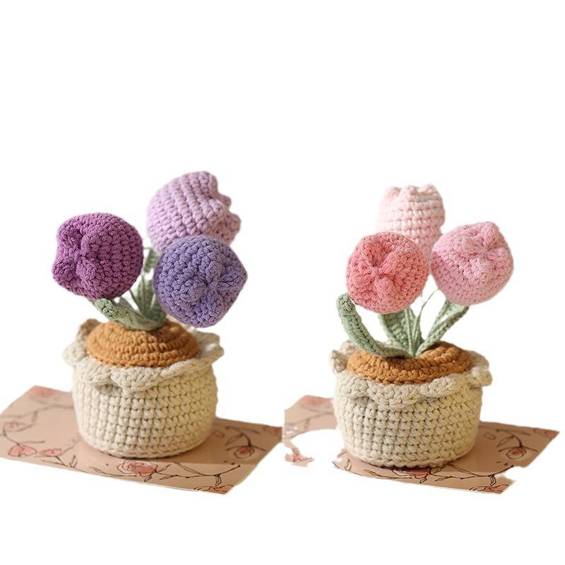 Tulipe tissée à la main, décoration d'intérieur en pot, crochet en fil de fleur artificielle tricotée, tulipe potelée tissée