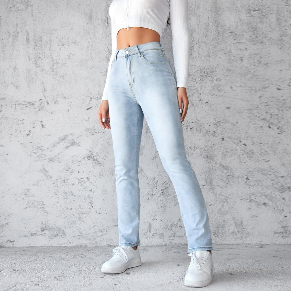Summer New Women's Jeans Fashion Simple Slim Straight Light Blue Trousers