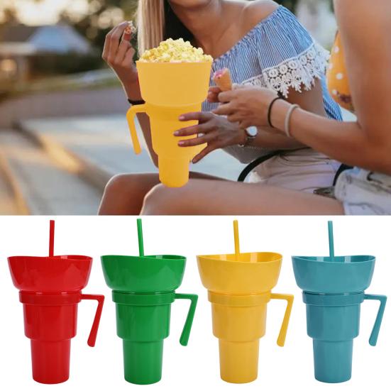 Snack And Drink Cup Reusable Popcorn Holder with Straw Leak-proof