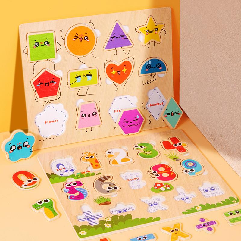 Montessori Wooden Puzzles Hand Grab Boards Toys Tangram Jigsaw Baby Educational Toy Cartoon Vehicle Animals Fruits for Kids Gift