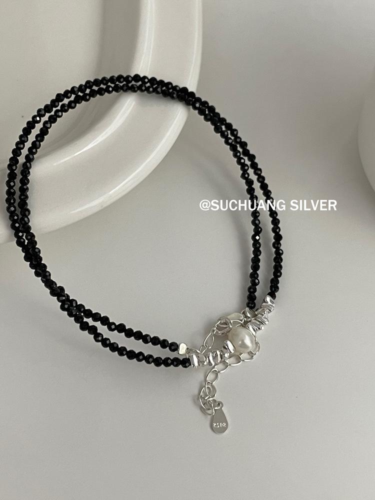 Su Chuang S925 Sterling Silver & Pearl Beaded Necklace with Black Spinel - Women's Light Luxury Clavicle Chain