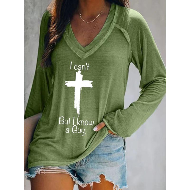 Casual Loose Women's Faith Print Long Sleeve V Neck T-Shirt, Fall Winter Religious Graphic Daily Top