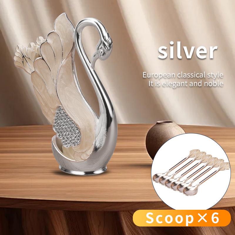 European Luxury Gold & Silver Rhinestone Swan Spoon and Fork Set with Swan Stand