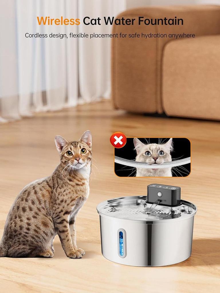 Wireless Induction Pet Water Fountain - 3.2L Infrared Stainless Steel Feeder for Cats