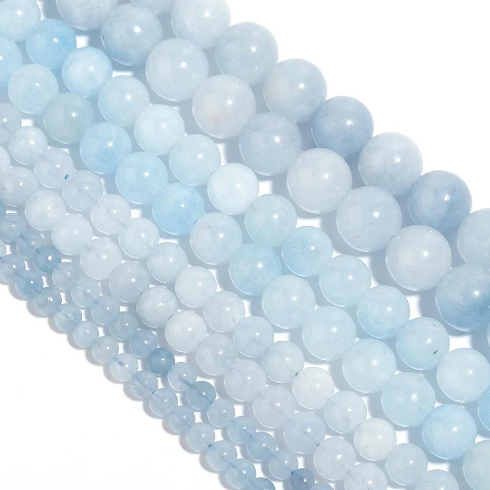 Volné korálky z přírodního akvamarínu (Kulatá modrá) – Perfektní pro domácí šperky, náramky, náhrdelníky & DIY přívěsky