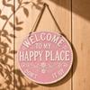 Funny Garden Wooden Sign Vintage This Is My Happy Place Welcome Round Sign Farmhouse Rustic Hanging Wall Decor for Home Bar Patio Man Cave