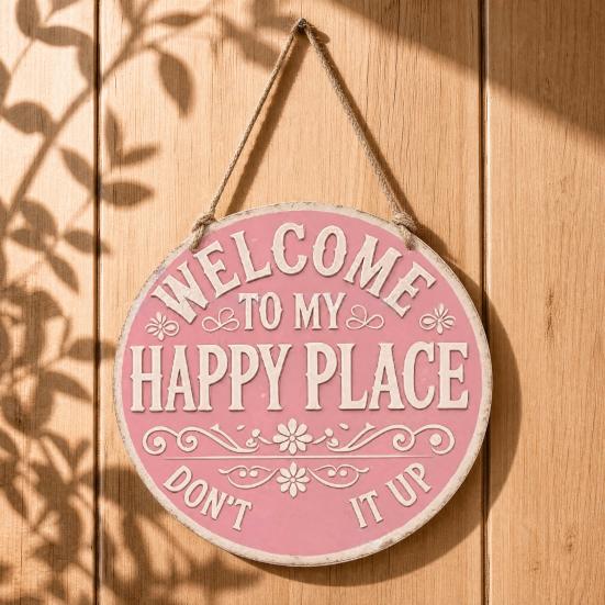 Funny Garden Wooden Sign Vintage This Is My Happy Place Welcome Round Sign Farmhouse Rustic Hanging Wall Decor for Home Bar Patio Man Cave