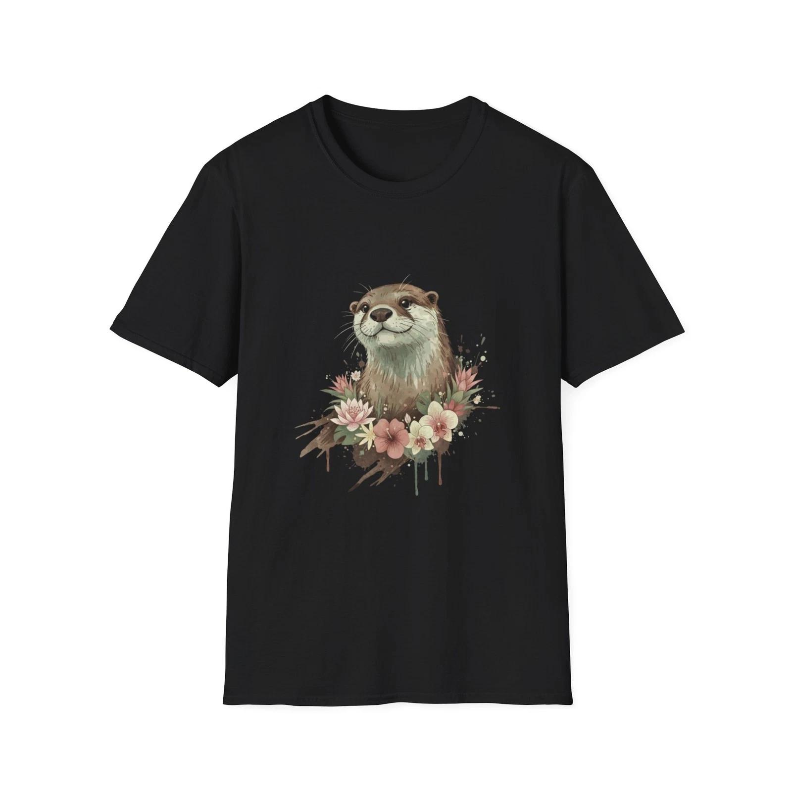 Otter Floral Watercolor Nature Black Tee Aesthetic Graphic T-Shirt S