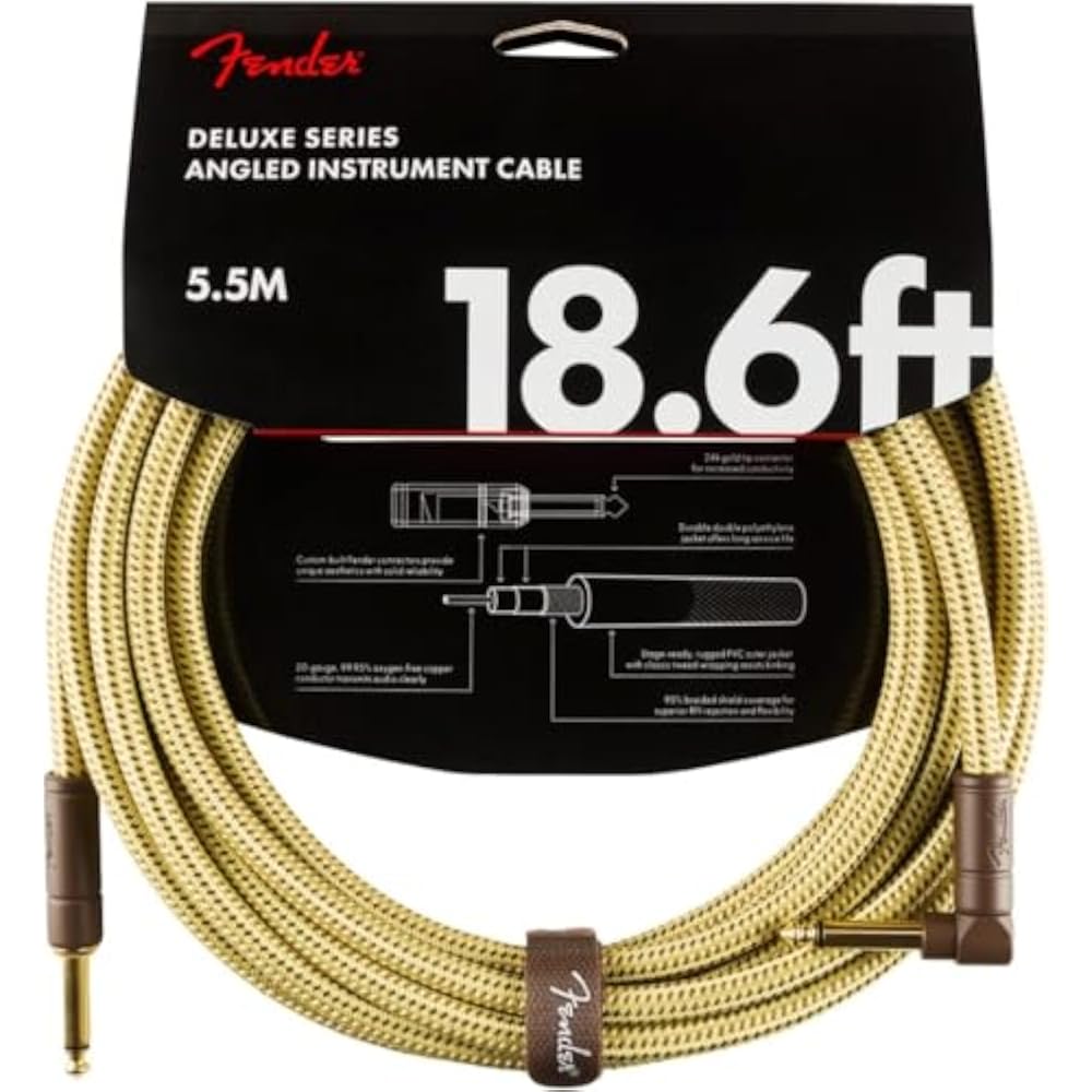 Fender Shield Cable Deluxe Series Instrument Cable, Straight/Angle, 18.6', Tweed 08