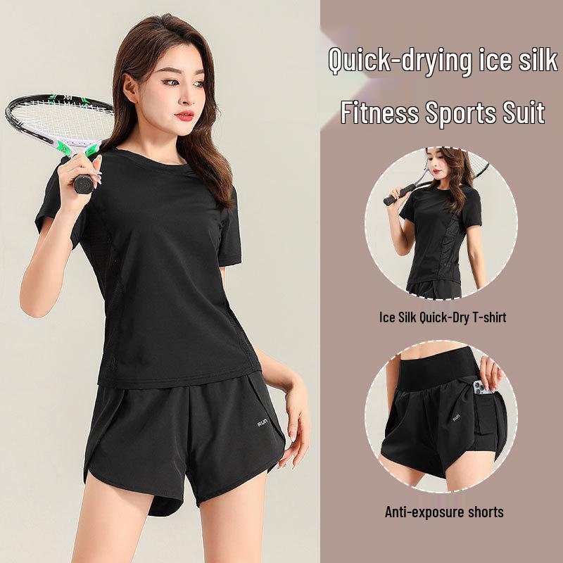 Women's 2025 Ice Silk Quick-Dry Sports Set: Short-Sleeve Top & Shorts for Running, Gym, Yoga