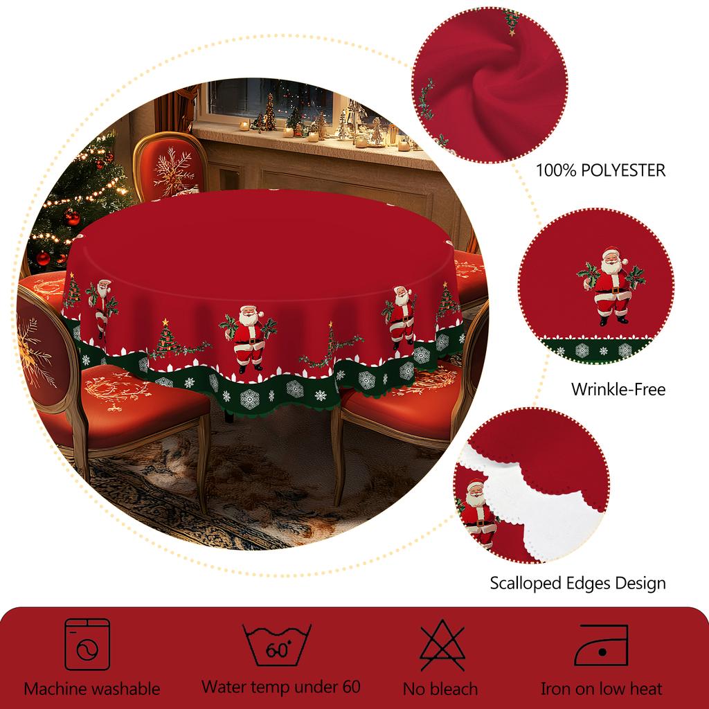 1 Piece Christmas Round And Square Tablecloth, Various Sizes, Cute Santa Claus And Snowflake Green Tablecloth Holly Berry Pattern Design Tablecloth Fo