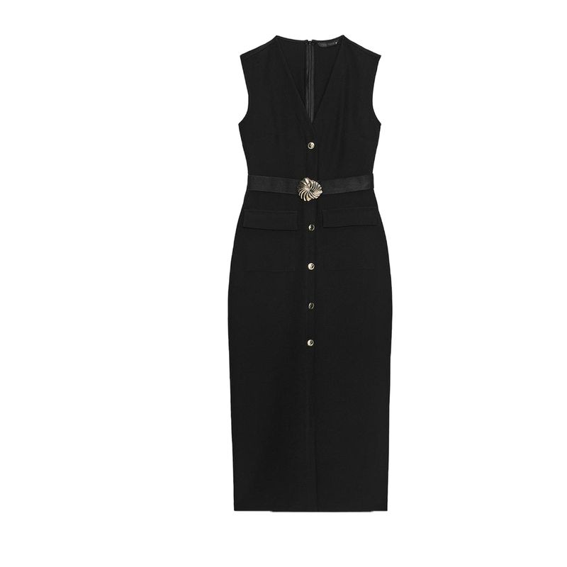 Summer New Fashion Round Neck Sleeveless Metal Buckle with Belt Crepe Midi Skirt Dress 3897166